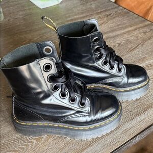 Dr. Martens Molly Black Leather Platform Lace-Up Boots with Yellow Stitching
